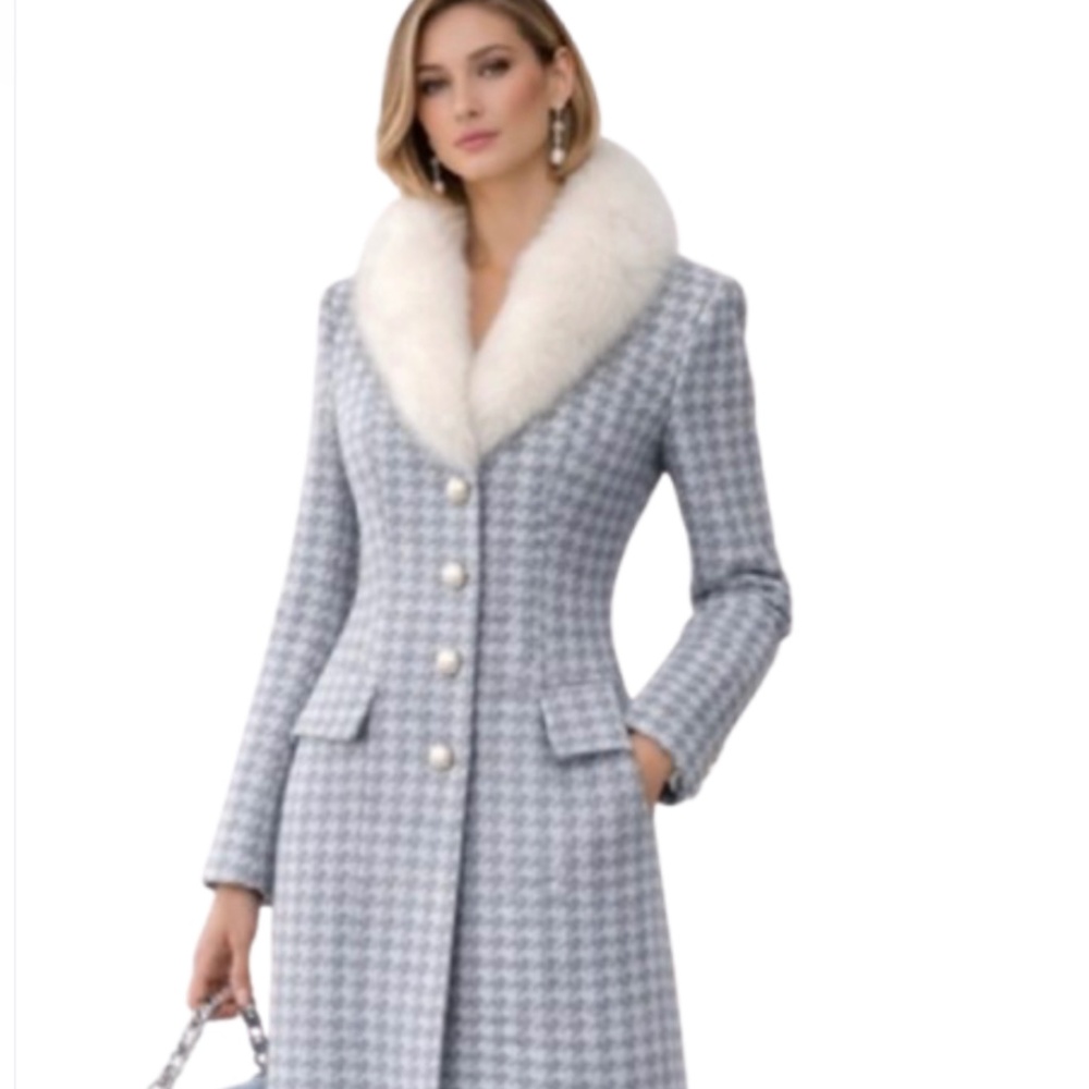 ST. JOHN FOX fur Houndstooth Long Coat Set gold mabe pearl buttons real fur